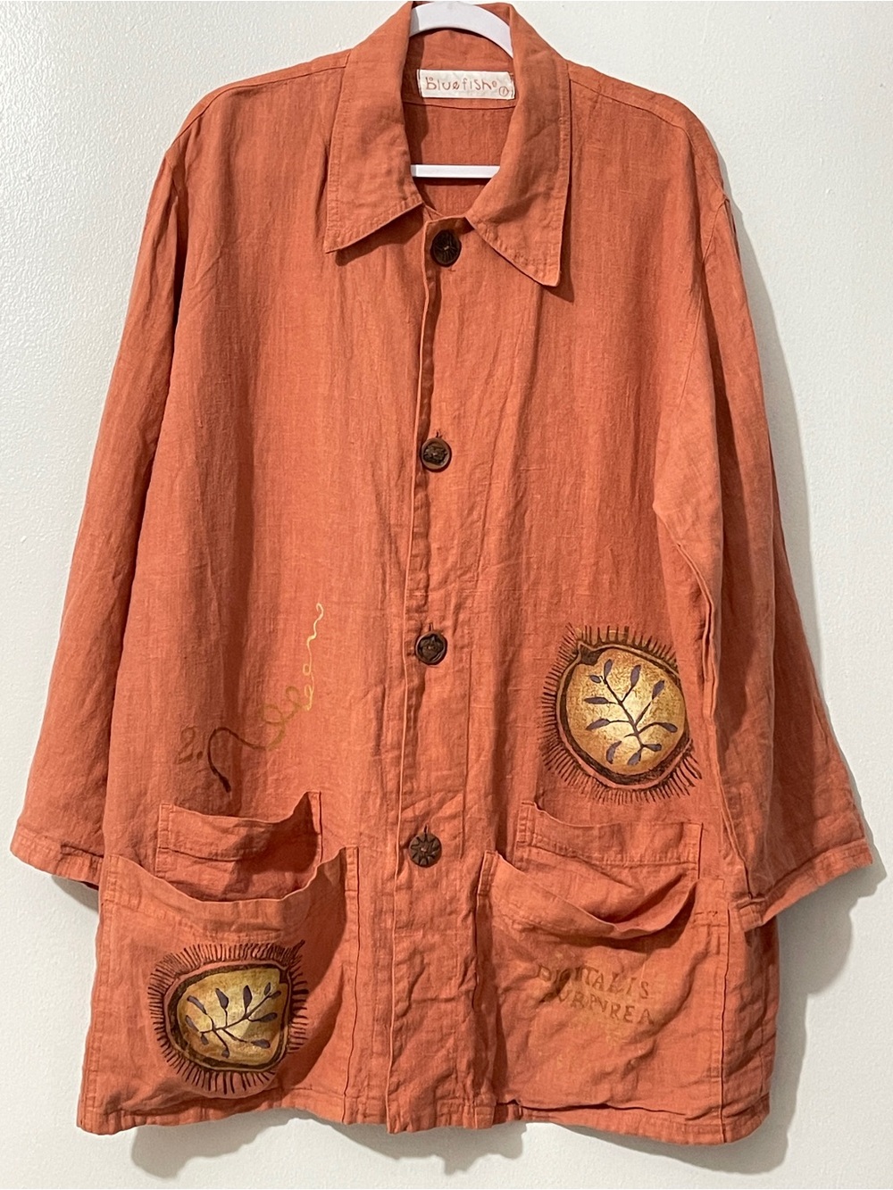 Vintage Blue Fish 100% Linen Art to Wear Jacket Size 1 L XL Rust Lagenlook